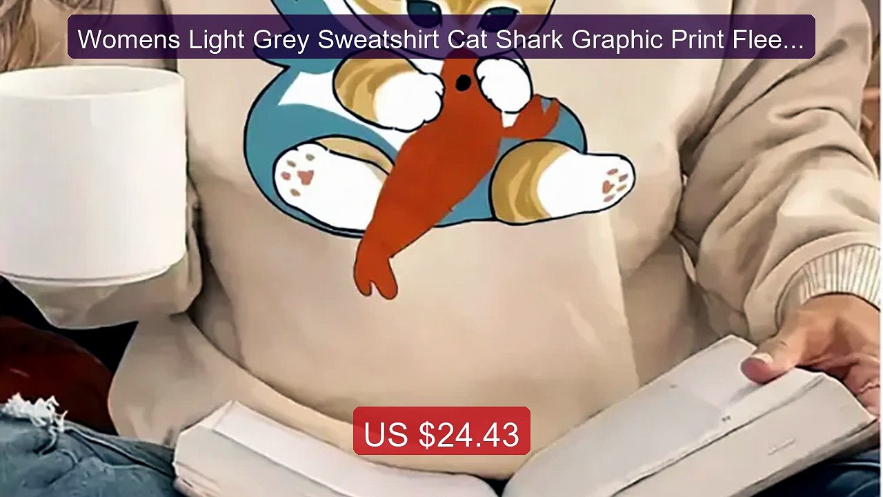 Womens Light Grey Sweatshirt Cat Shark Graphic Print Fleece Lined ... -- Best Deal 2026 | Shop Now!