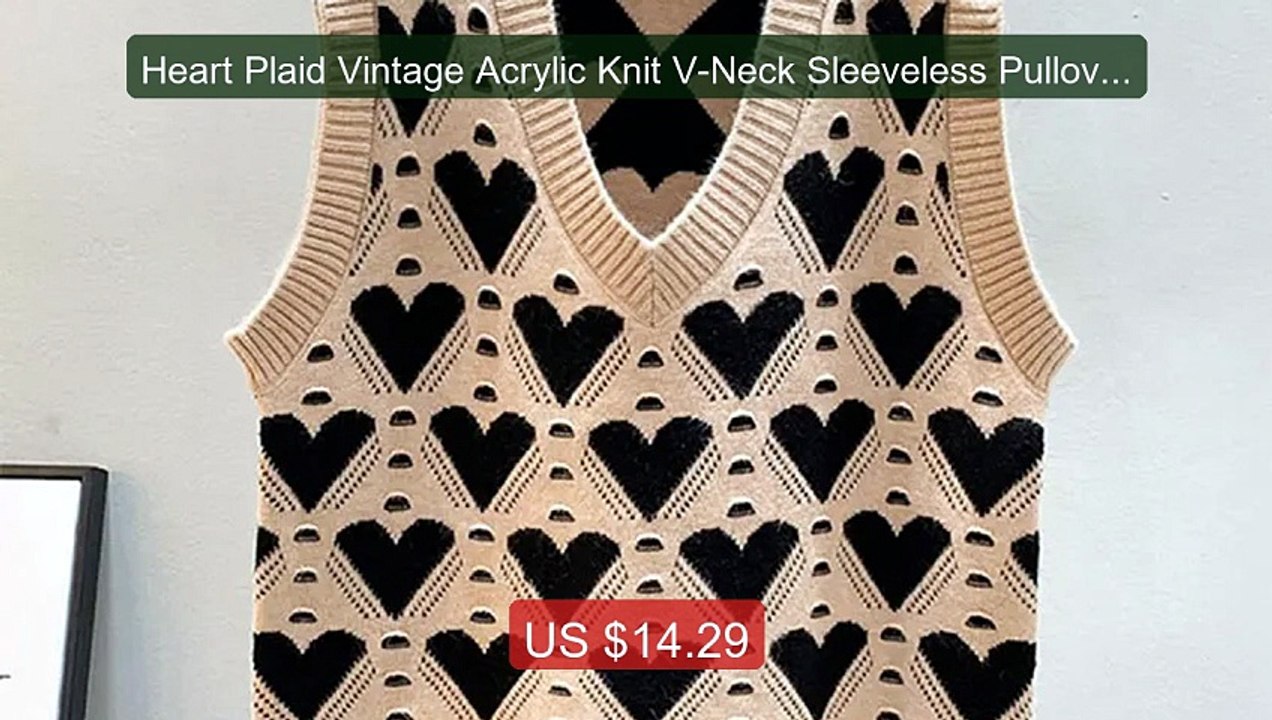 Heart Plaid Vintage Acrylic Knit V-Neck Sleeveless Pullover... -- Top Pick 2026 | Unbeatable Price!