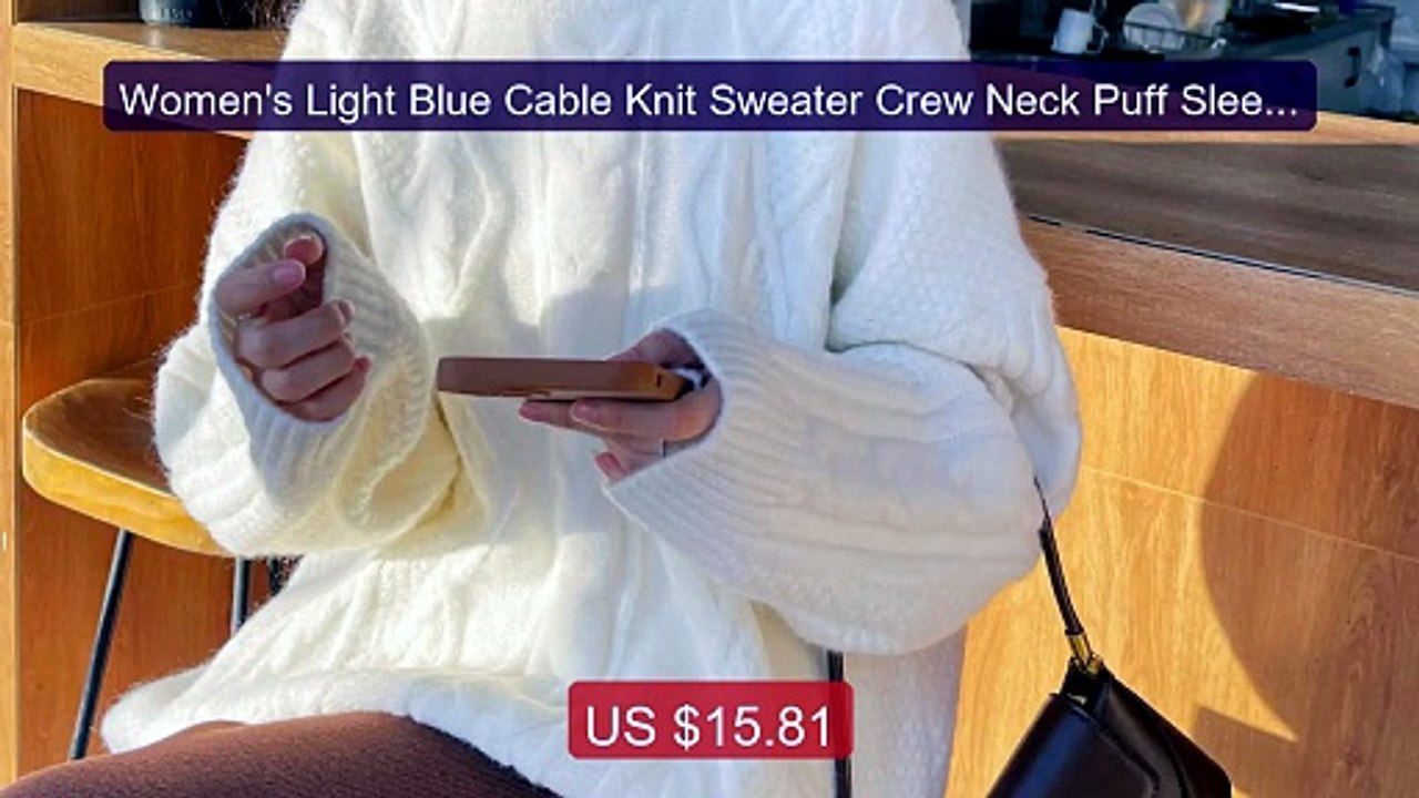 Women's Light Blue Cable Knit Sweater Crew Neck Puff Sleeve Ov... -- Hot Deal 2026 | Limited Offer!