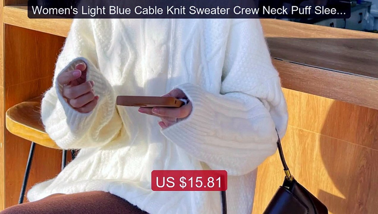 Women's Light Blue Cable Knit Sweater Crew Neck Puff Sleeve Ov... -- Hot Deal 2026 | Limited Offer!