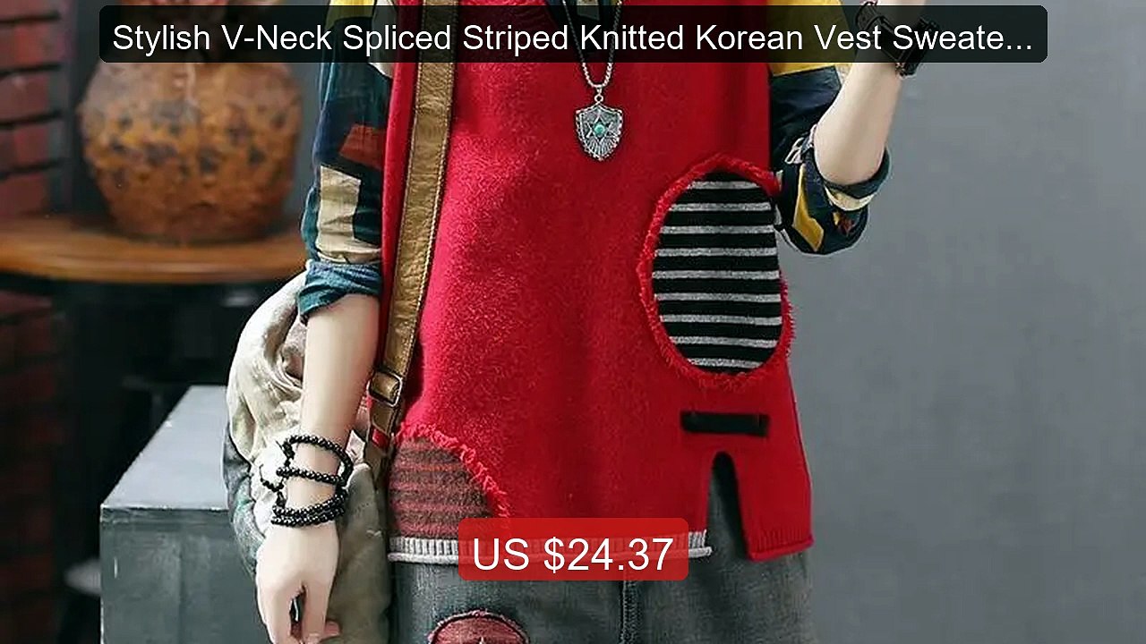 Stylish V-Neck Spliced Striped Knitted Korean Vest Sweater Women's... -- Best Deal 2026 | Shop Now!