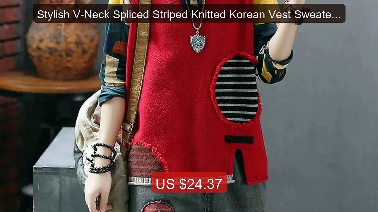 Stylish V-Neck Spliced Striped Knitted Korean Vest Sweater Women's... -- Best Deal 2026 | Shop Now!