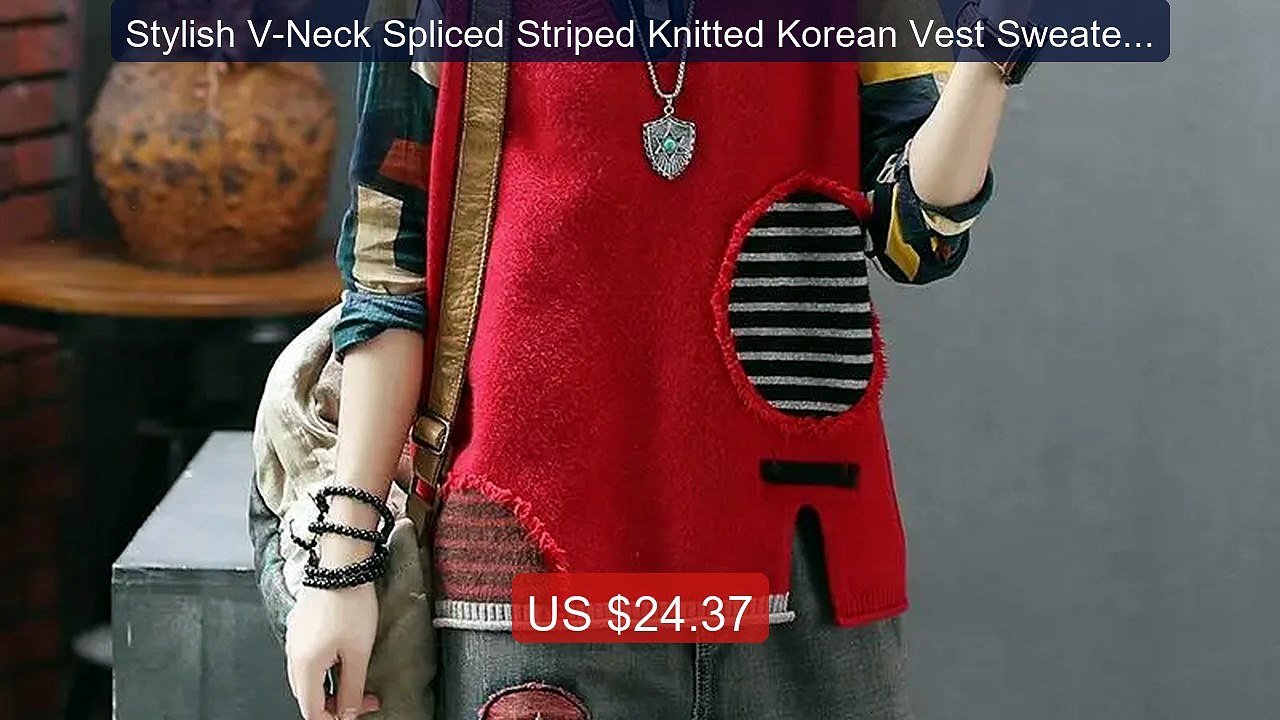 Stylish V-Neck Spliced Striped Knitted Korean Vest Sweater ... -- Top Pick 2026 | Unbeatable Price!