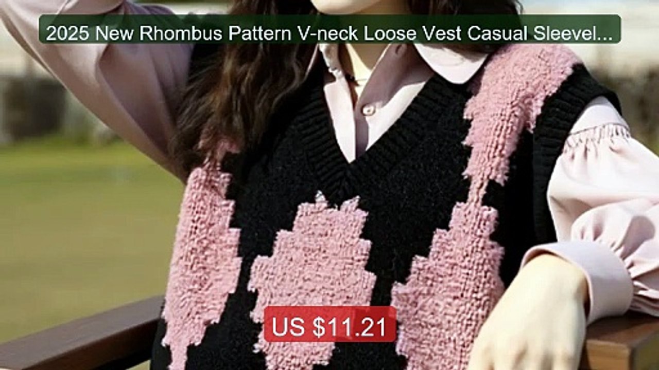 2025 New Rhombus Pattern V-neck Loose Vest Casual Sleeveless Women... -- Best Deal 2026 | Shop Now!
