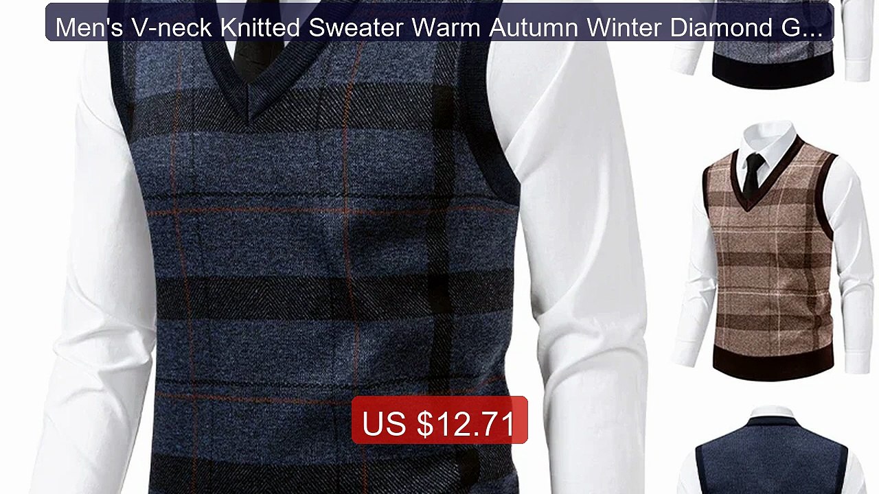 Men's V-neck Knitted Sweater Warm Autumn Winter Diamond Grid T... -- Hot Deal 2026 | Limited Offer!