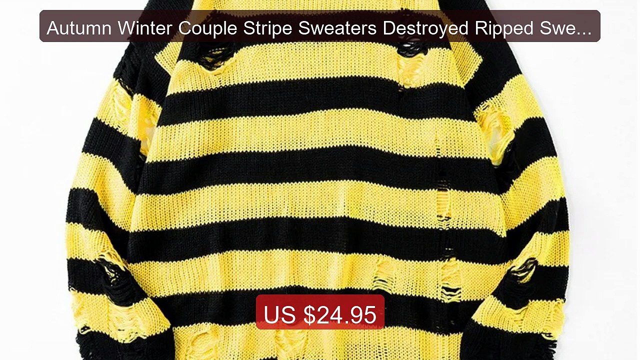 Autumn Winter Couple Stripe Sweaters Destroyed Ripped Sweat... -- Top Pick 2026 | Unbeatable Price!