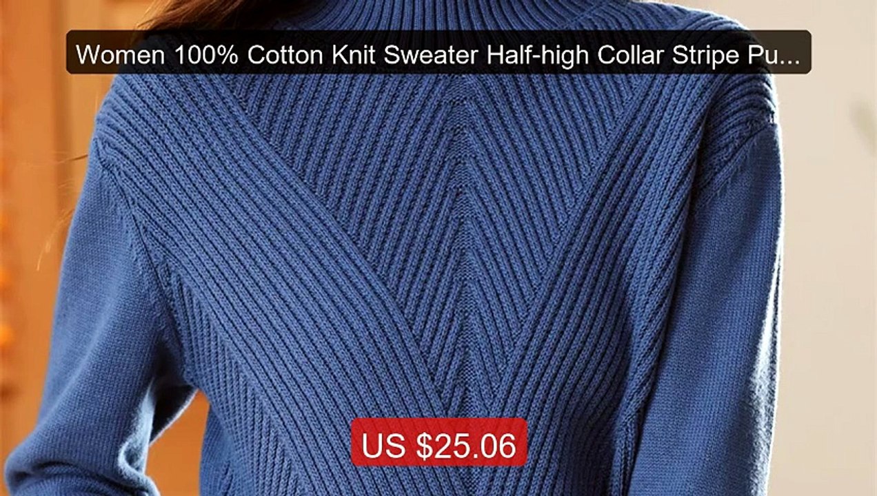 Women 100% Cotton Knit Sweater Half-high Collar Stripe Pullove... -- Hot Deal 2026 | Limited Offer!