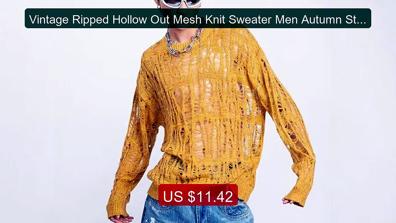 Vintage Ripped Hollow Out Mesh Knit Sweater Men Autumn Streetwear ... -- Best Deal 2026 | Shop Now!