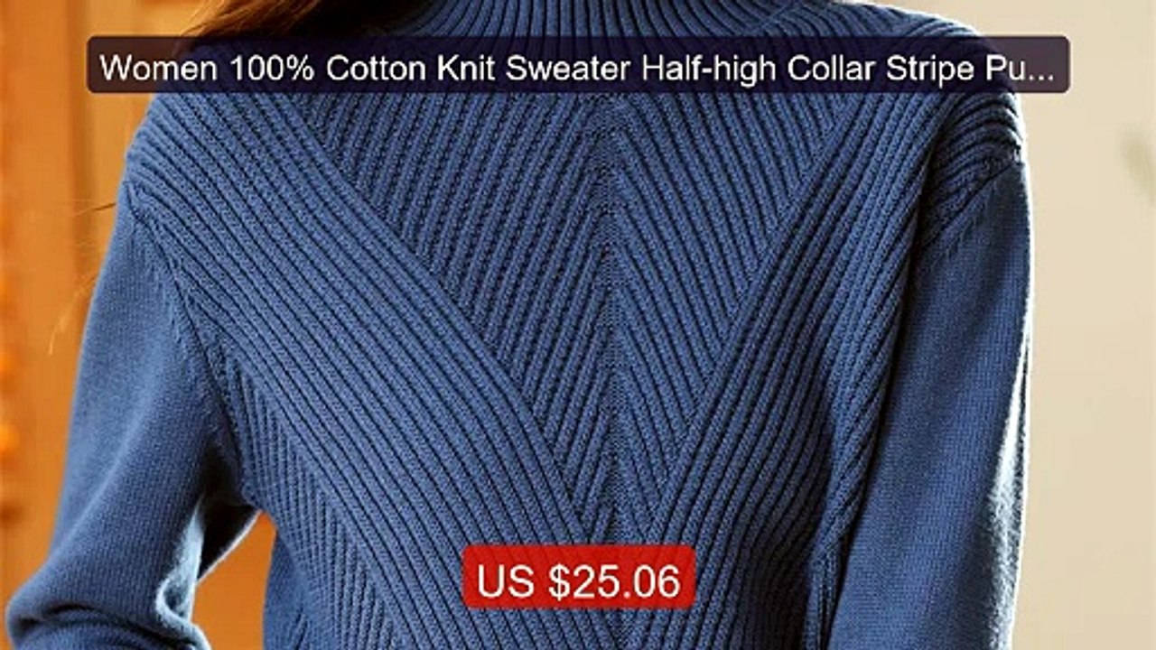 Women 100% Cotton Knit Sweater Half-high Collar Stripe Pullover Aut... -- Top Rated 2026 | Buy Now!