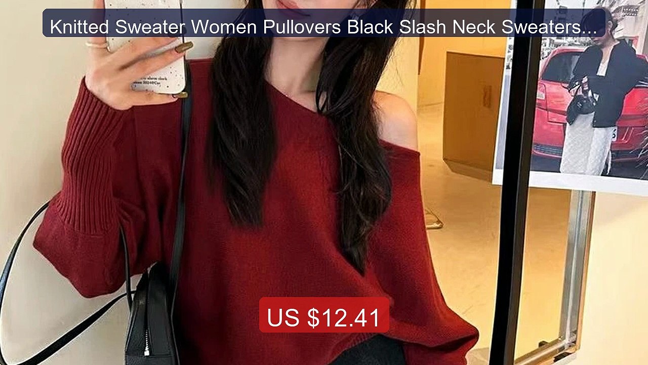 Knitted Sweater Women Pullovers Black Slash Neck Sweaters Knit... -- Hot Deal 2026 | Limited Offer!