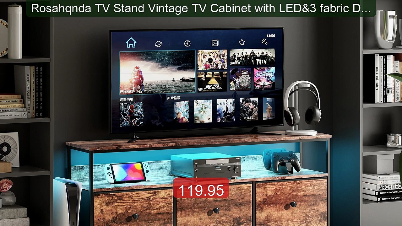 Rosahqnda TV Stand Vintage TV Cabinet with LED&3 fabric Drawer... -- Hot Deal 2026 | Limited Offer!