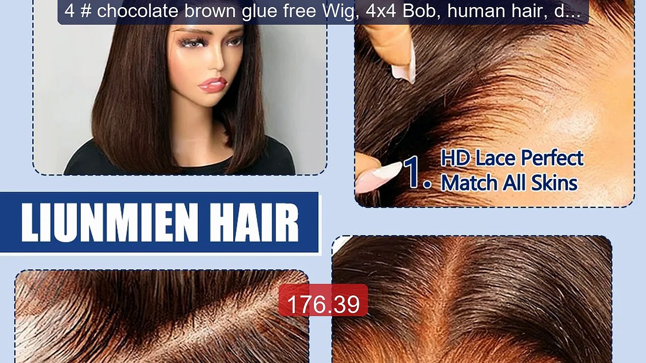 4 # chocolate brown glue free Wig, 4x4 Bob, human hair, density, 10 ...