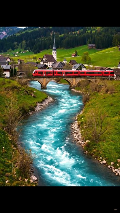 Beautiful Red Train Crossing a Historic Alpine Bridge | Scenic Mountain Railway