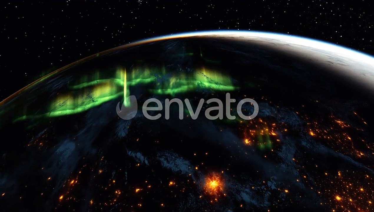 3D Render of Earth at Night with Aurora Borealis and City Lights From Space