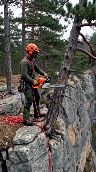 😱 Watch expert climbers remove a giant pine tree on a dangerous cliff edge!