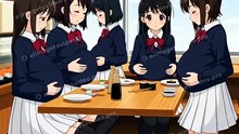 ５人のかわいい日本人女子高生がセーラー服で回転寿司で大食いをしてお腹がパンパンではちきれそうになってしまう