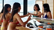 ビキニの水着姿の胸の大きな５人の日本人女子大生が回転寿司で大食いをしている