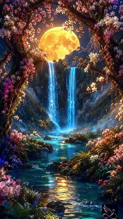 Twin Waterfalls Beneath a Giant Golden Moon | Cinematic Fantasy | 4K Dreamscape