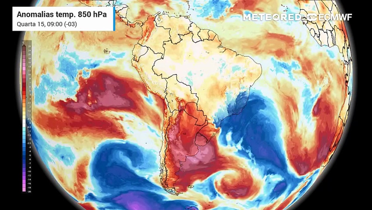 Quarta-feira, 15 de julho: Anomalias de temperatura do ar em 850 hPa