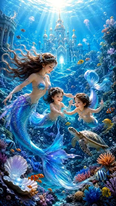 Mermaid mother playing with her childs.