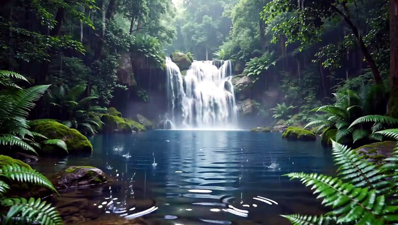 Gentle Rain on Jungle Waterfall 🌿 (4K) • 1 Hour Relaxing Nature Sounds 🌊 (No Ads)