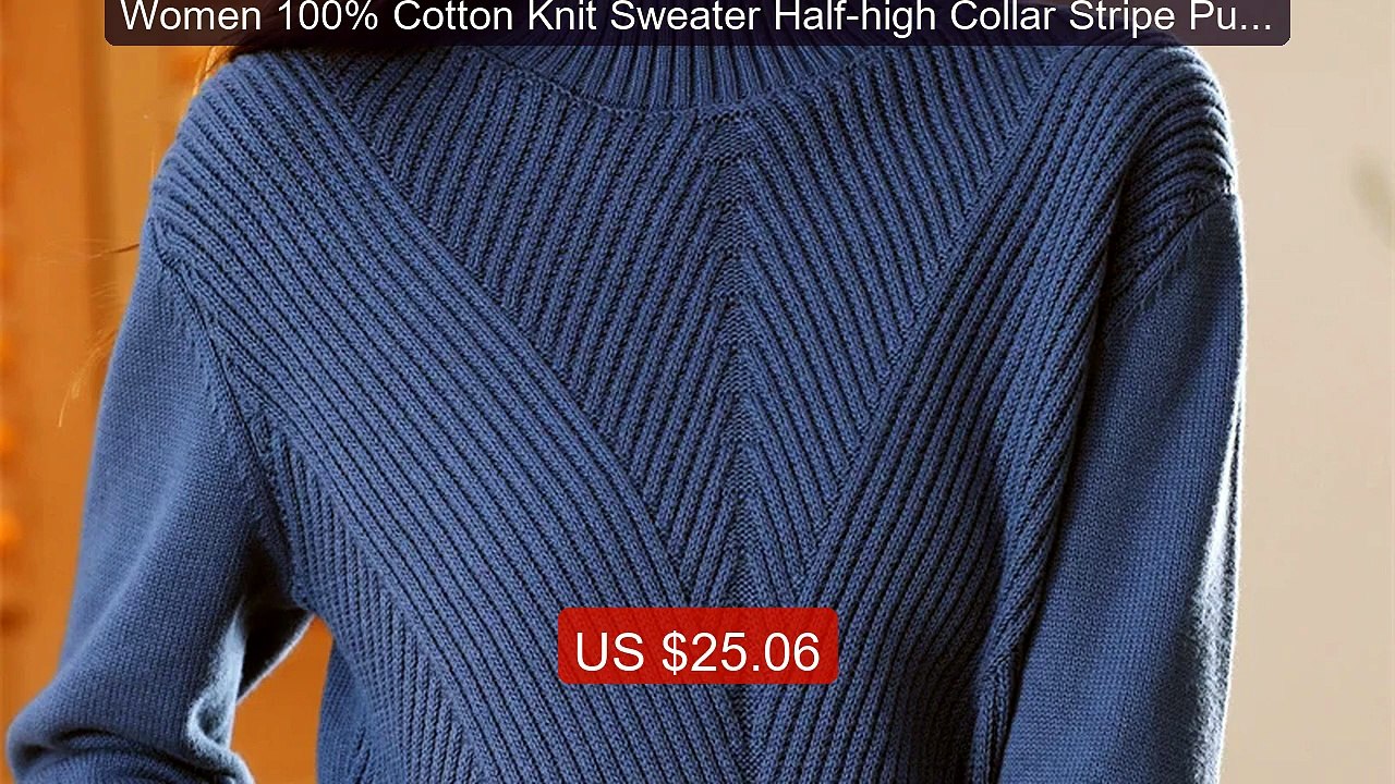 Women 100% Cotton Knit Sweater Half-high Collar Stripe Pullover Au... -- Best Deal 2026 | Shop Now!