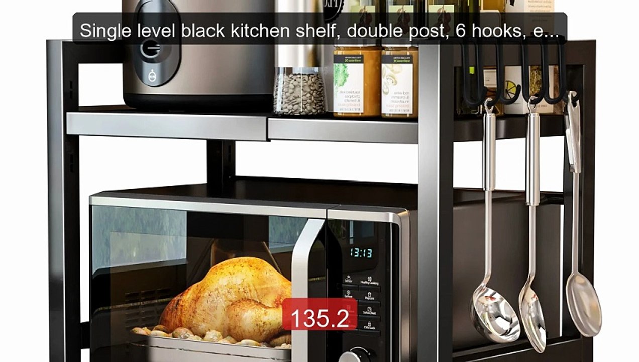 Single level black kitchen shelf, double post, 6 hooks, extra... -- Amazing Value 2026 | Must Have!