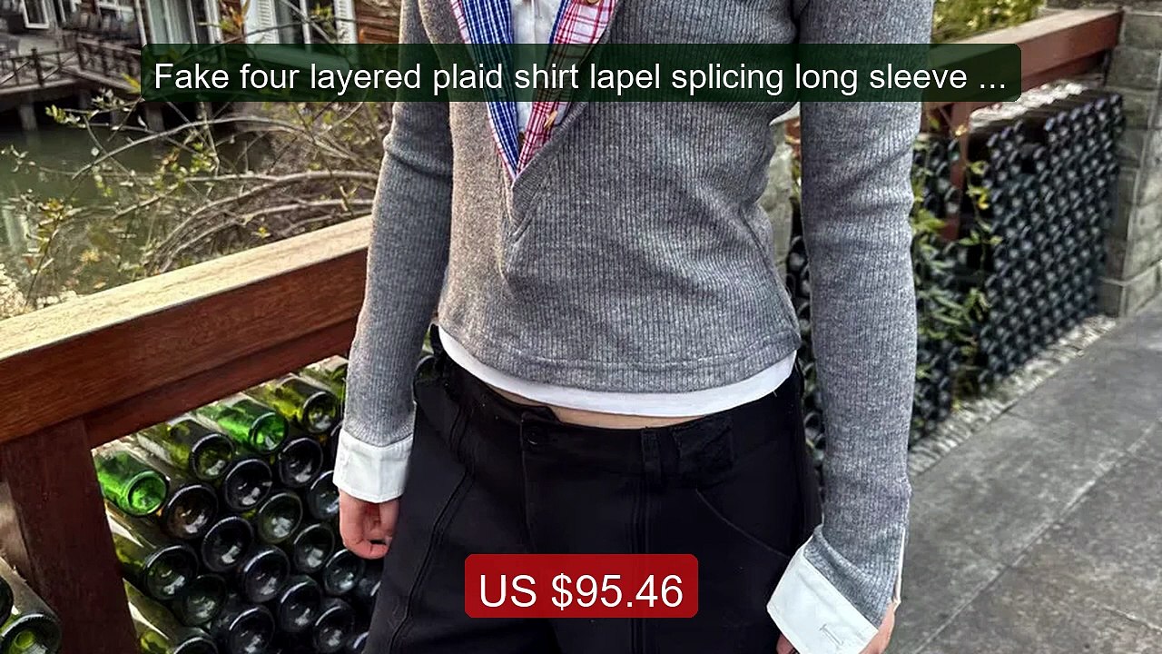 Fake four layered plaid shirt lapel splicing long sleeve kn... -- Top Pick 2026 | Unbeatable Price!