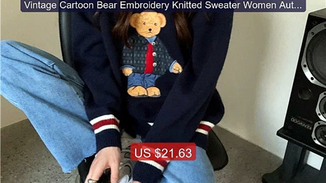Vintage Cartoon Bear Embroidery Knitted Sweater Women Autumn ... -- Amazing Value 2026 | Must Have!