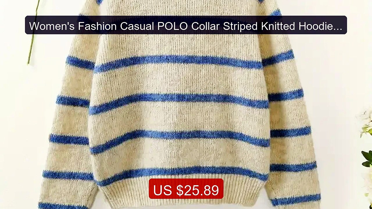 Women's Fashion Casual POLO Collar Striped Knitted Hoodie Soft and ... -- Top Rated 2026 | Buy Now!