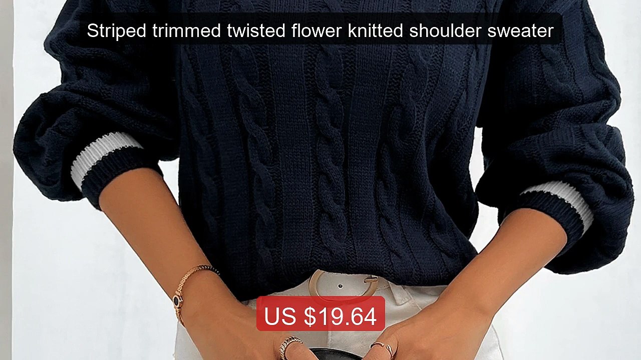 Striped trimmed twisted flower knitted shoulder sweater -- Best Deal 2026 | Shop Now!