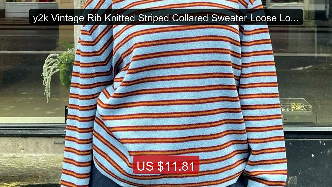 y2k Vintage Rib Knitted Striped Collared Sweater Loose Long Sl... -- Hot Deal 2026 | Limited Offer!