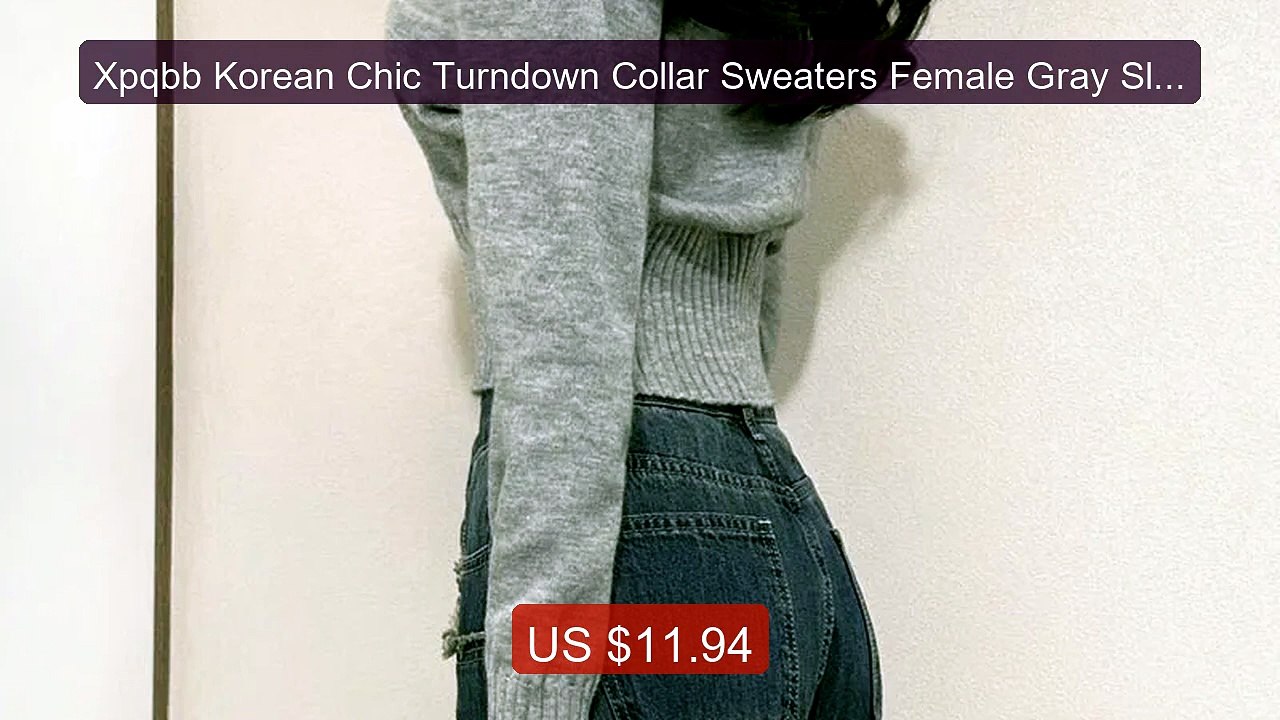 Xpqbb Korean Chic Turndown Collar Sweaters Female Gray Slim Fi... -- Best Buy 2026 | Great Quality!
