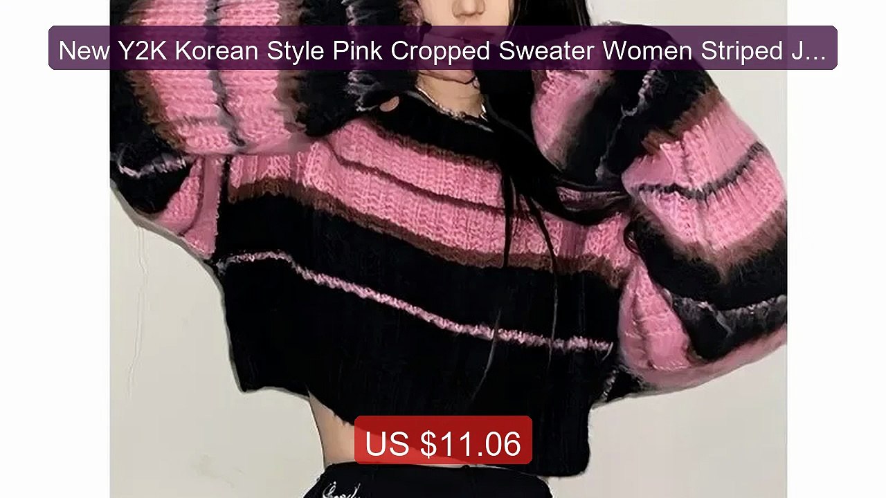 New Y2K Korean Style Pink Cropped Sweater Women Striped Jumper Vint... -- Top Rated 2026 | Buy Now!
