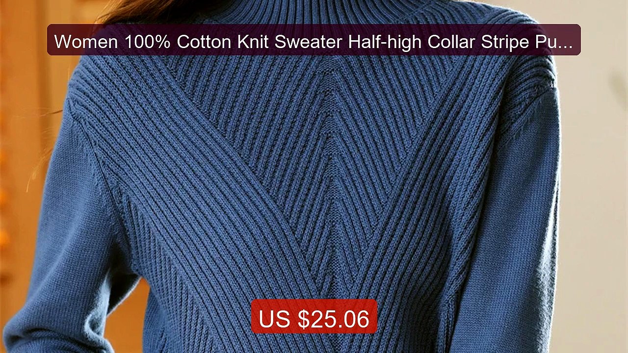 Women 100% Cotton Knit Sweater Half-high Collar Stripe Pullove... -- Best Buy 2026 | Great Quality!