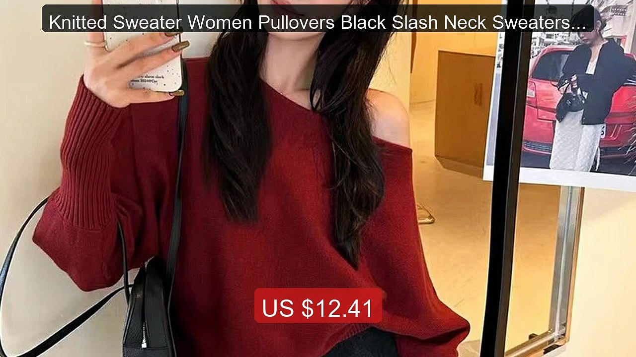 Knitted Sweater Women Pullovers Black Slash Neck Sweaters Knit... -- Hot Deal 2026 | Limited Offer!