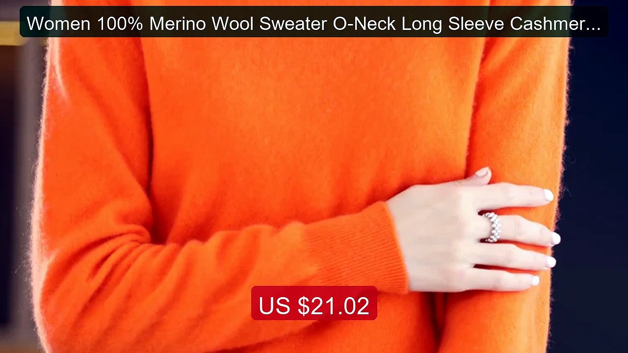 Women 100% Merino Wool Sweater O-Neck Long Slee...