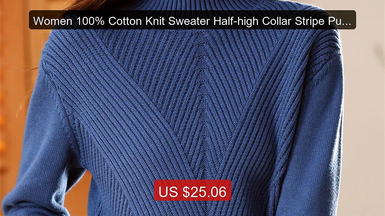 Women 100% Cotton Knit Sweater Half-high Collar Stripe Pull... -- Top Pick 2026 | Unbeatable Price!