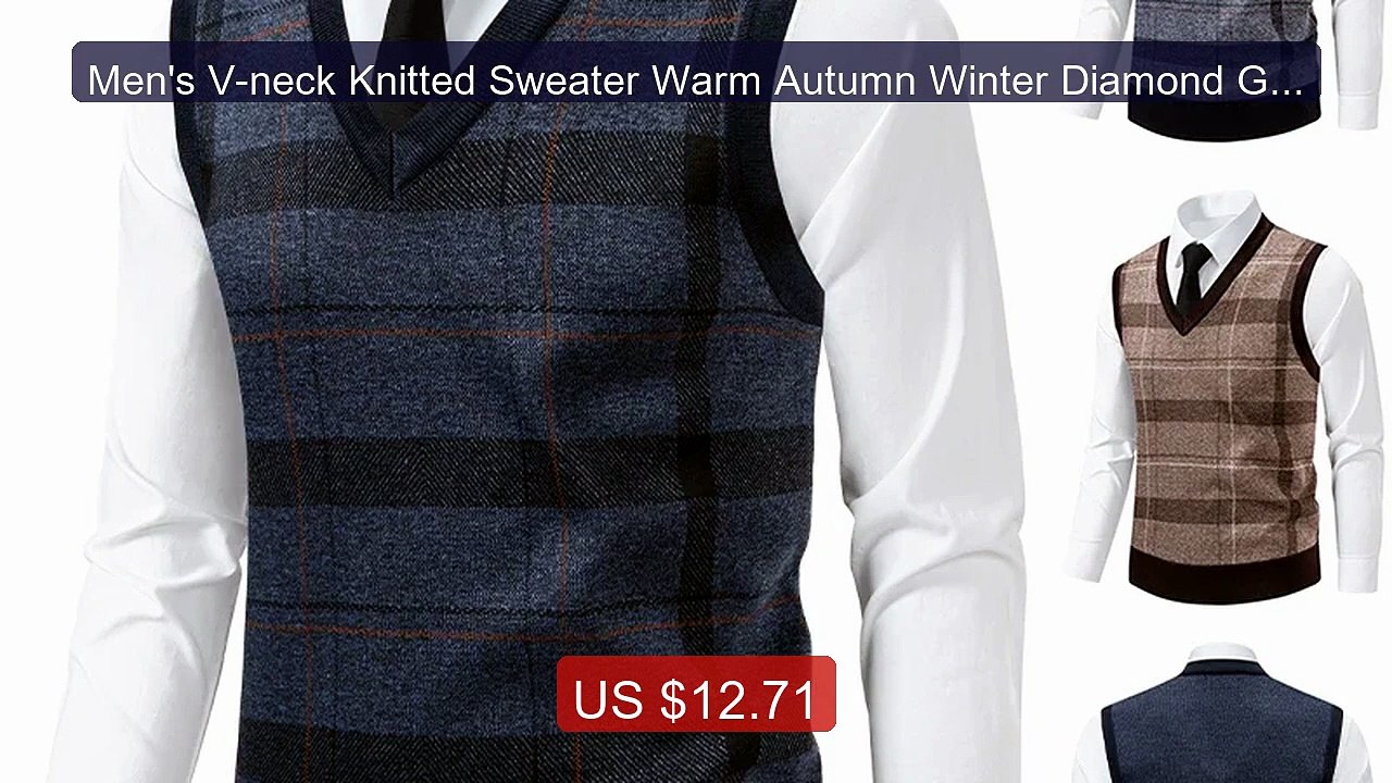 Men's V-neck Knitted Sweater Warm Autumn Winter Diamond Grid T... -- Best Buy 2026 | Great Quality!