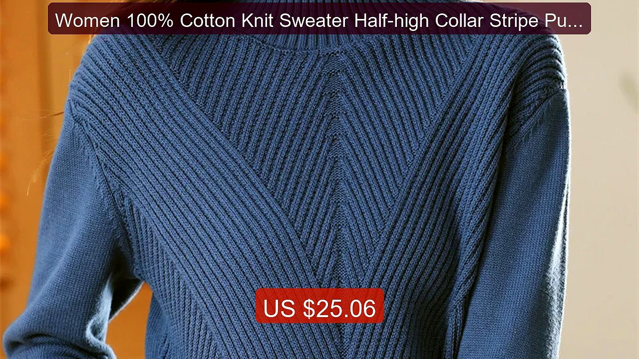 Women 100% Cotton Knit Sweater Half-high Collar Stripe Pull... -- Top Pick 2026 | Unbeatable Price!