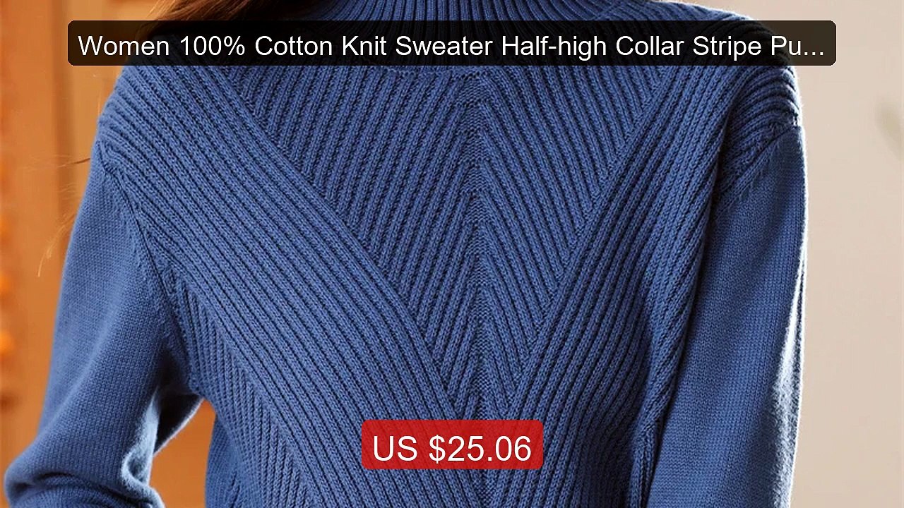 Women 100% Cotton Knit Sweater Half-high Collar Stripe Pull... -- Top Pick 2026 | Unbeatable Price!