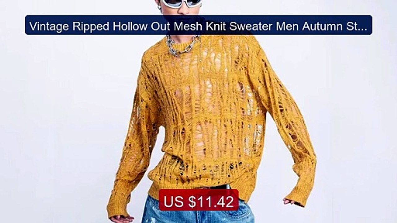 Vintage Ripped Hollow Out Mesh Knit Sweater Men Autumn Streetwear F... -- Top Rated 2026 | Buy Now!