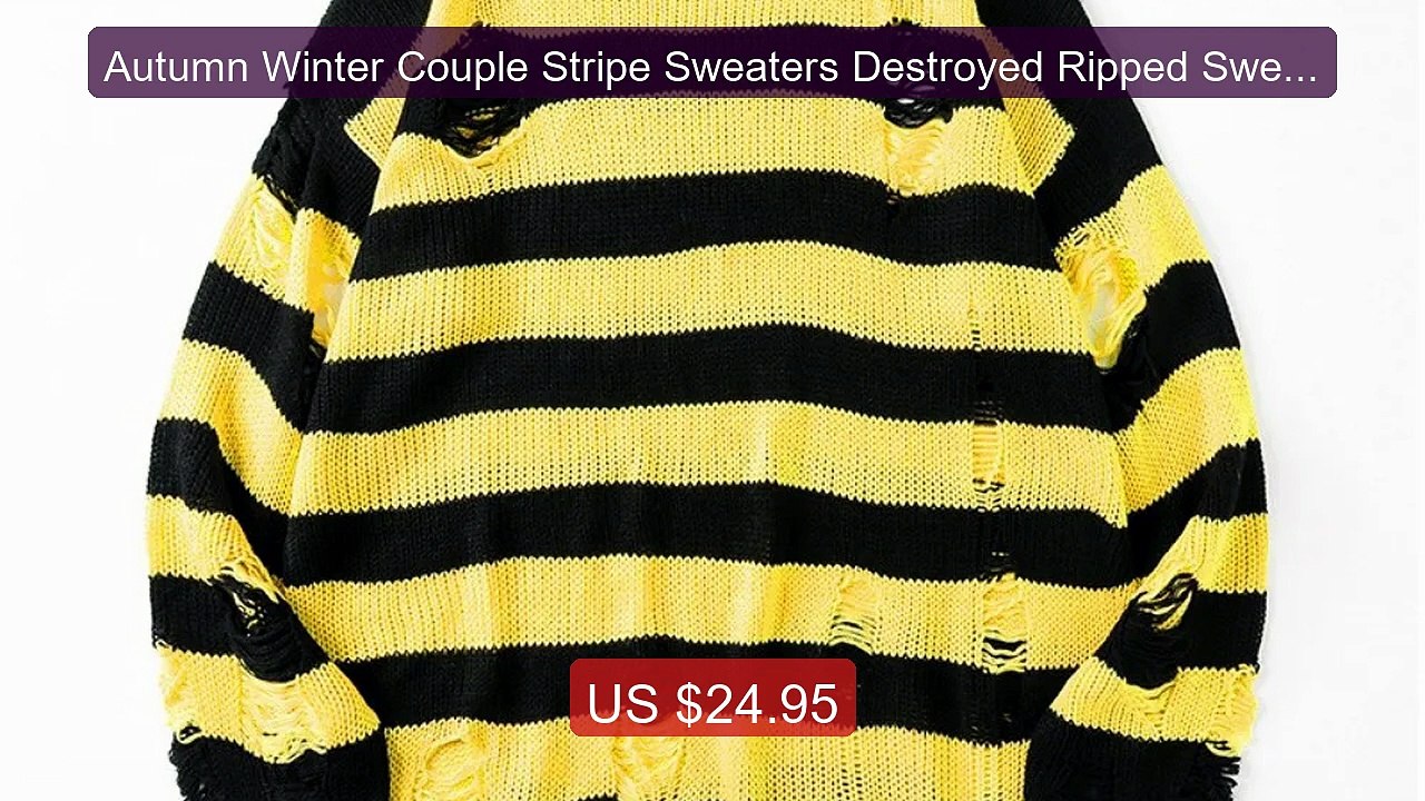 Autumn Winter Couple Stripe Sweaters Destroyed Ripped Sweat... -- Top Pick 2026 | Unbeatable Price!