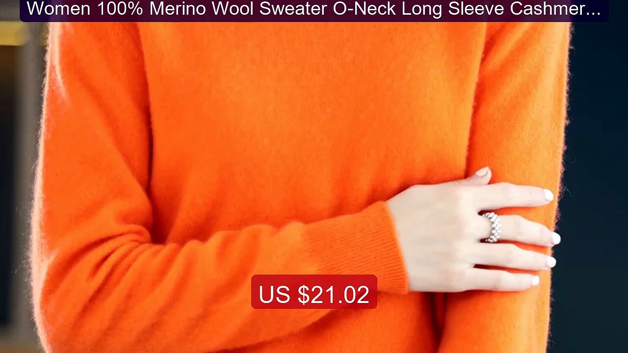 Women 100% Merino Wool Sweater O-Neck Long Slee...