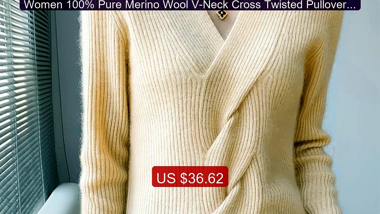 Women 100% Pure Merino Wool V-Neck Cross Twisted Pullover Cas... -- Amazing Value 2026 | Must Have!