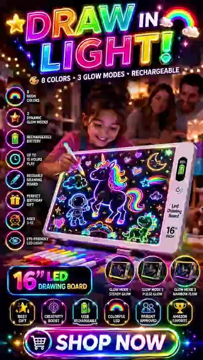 16" LED Drawing Board for Kids | Rechargeable Glow Drawing Tablet with 8 Colors & 3 Light Modes