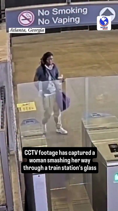 CCTV footage has captured a woman smashing her way through a train station's glass