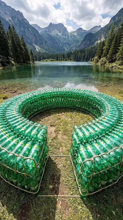 I build tiny house on raft from Old sprite bottles