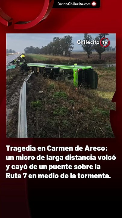 Tragedia en Carmen de Areco: un micro de larga distancia volcó y cayó de un puente sobre la Ruta 7 en medio de la tormenta.