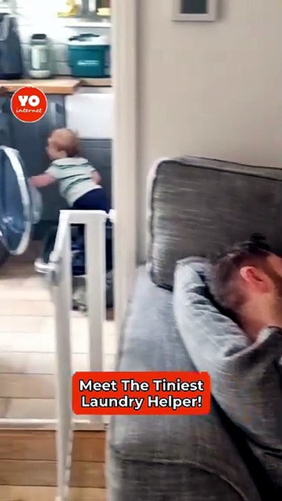 Young Child Steps Up to Help Mom with Laundry as Dad Naps